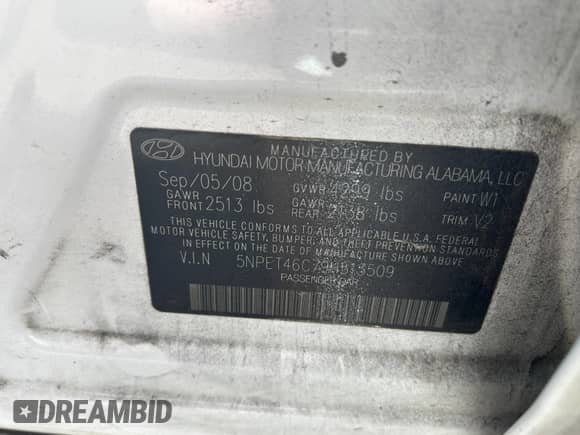 2009 Hyundai Sonata GLS with VIN 5NPET46C79H513509, listed as a IAAI auction lot 43542349 with 220,644 mi miles and . Bid and sale history available at DreamBid. Image 9.