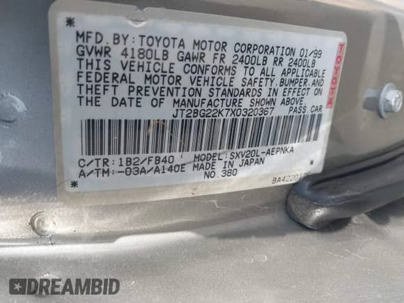 1999 Toyota Camry LE z VIN JT2BG22K7X0320367, wystawiony jako IAAI lot #43520219 z przebiegiem 250 127 mil mil oraz . Historia ofert i sprzedaży dostępna na DreamBid. Obrazek 9.