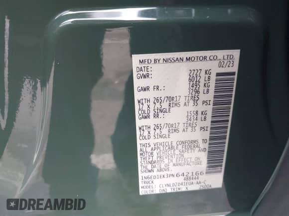 2023 Nissan Frontier SV with VIN 1N6ED1EK3PN642166, listed as a IAAI auction lot 43036612 with 12,295 mi miles and . Bid and sale history available at DreamBid. Image 9.