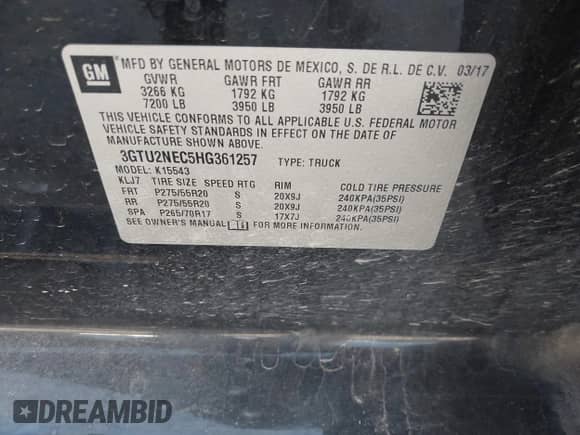 2017 GMC Sierra 1500 SLT z VIN 3GTU2NEC5HG361257, wystawiony jako IAAI lot #43213193 z przebiegiem 162 249 mil mil oraz . Historia ofert i sprzedaży dostępna na DreamBid. Obrazek 9.