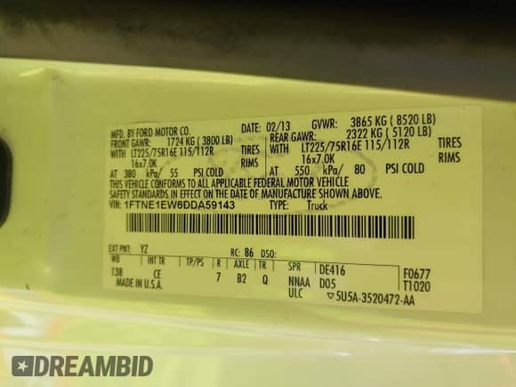 2013 Ford Econoline Cargo Commercial with VIN 1FTNE1EW6DDA59143, listed as a IAAI auction lot 42942320 with 175,562 mi miles and . Bid and sale history available at DreamBid. Image 9.