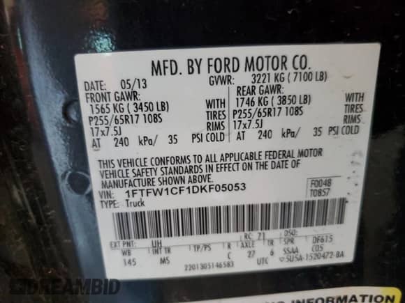 2013 Ford F-150 XL with VIN 1FTFW1CF1DKF05053, listed as a Copart auction lot 86512985 with Not provided miles and Salvage title. Bid and sale history available at DreamBid. Image 12.