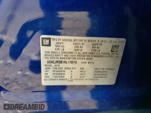 2017 Chevrolet Trax Premier с VIN 3GNCJRSB1HL178616, выставлен на аукционе Copart как лот 63091945 с пробегом 67 303 миль миль и Списание • Salvage title. История ставок и продаж доступна на DreamBid. Изображение 13.