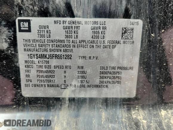 2015 Cadillac Escalade Luxury with VIN 1GYS4MKJ6FR661282, listed as a Copart auction lot 84565285 with Not provided miles and Salvage title. Bid and sale history available at DreamBid. Image 14.