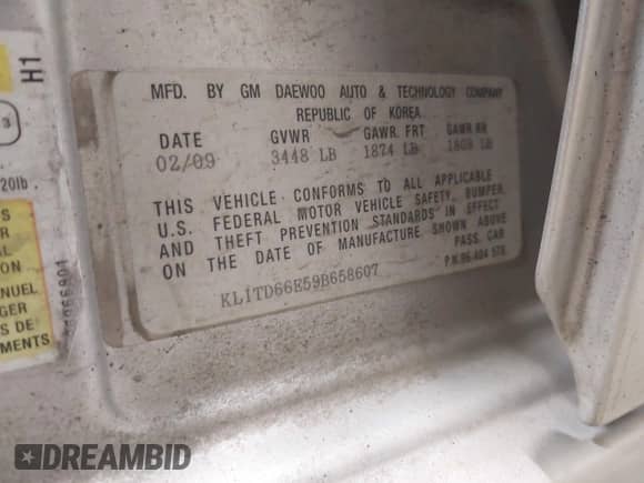 2009 Chevrolet Aveo 1LT with VIN KL1TD66E59B658607, listed as a IAAI auction lot 43496794 with 78,516 mi miles and . Bid and sale history available at DreamBid. Image 9.