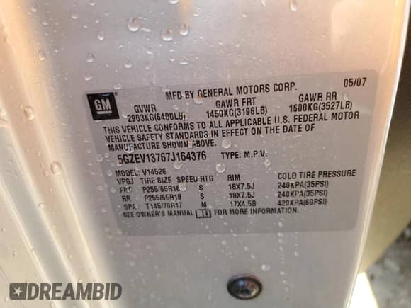2007 Saturn Outlook XE with VIN 5GZEV13767J164376, listed as a Copart auction lot 47401114 with 180,022 mi miles and Salvage title. Bid and sale history available at DreamBid. Image 13.