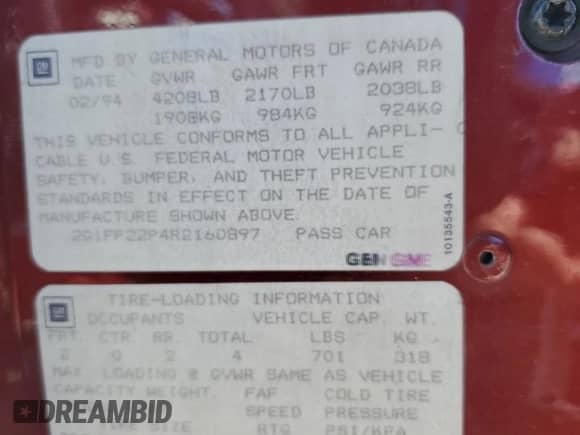 1994 Chevrolet Camaro Z28 with VIN 2G1FP22P4R2160897, listed as a Copart auction lot 50399935 with 86,849 mi miles and Salvage title. Bid and sale history available at DreamBid. Image 14.