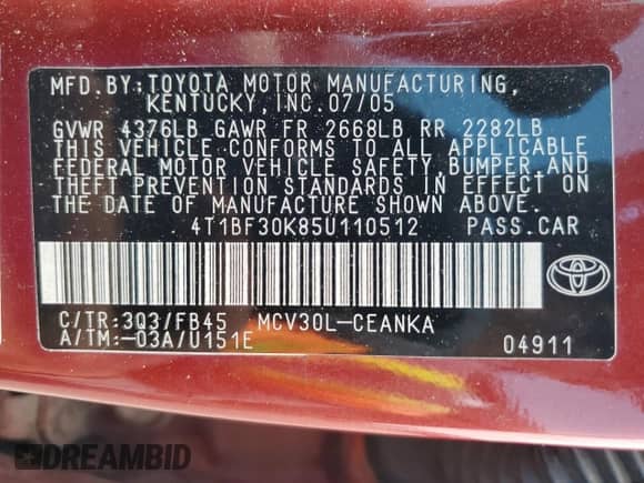 2005 Toyota Camry LE z VIN 4T1BF30K85U110512, wystawiony jako Copart lot #62785295 z przebiegiem 229 258 mil mil oraz Nie do naprawy • Non repairable. Historia ofert i sprzedaży dostępna na DreamBid. Obrazek 12.