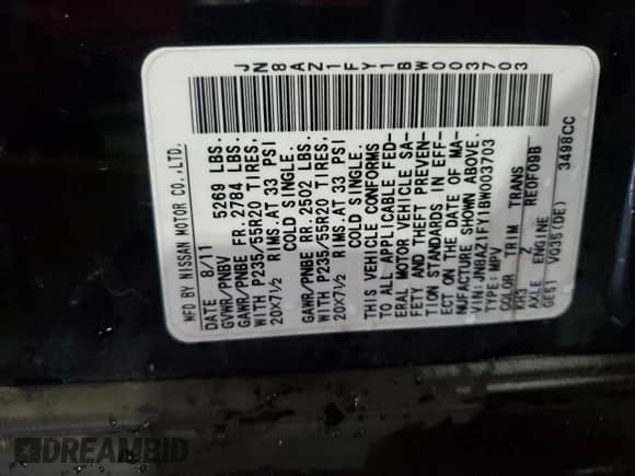 2011 Nissan Murano с VIN JN8AZ1FY1BW003703, выставлен на аукционе Copart как лот 64086595 с пробегом 172 294 миль миль и Списание • Salvage title. История ставок и продаж доступна на DreamBid. Изображение 12.