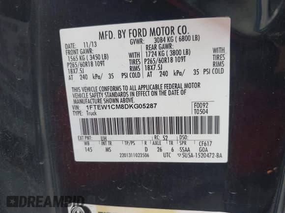 2013 Ford F-150 XL с VIN 1FTEW1CM8DKG05287, выставлен на аукционе IAAI как лот 43390965 с пробегом 218 960 миль миль и . История ставок и продаж доступна на DreamBid. Изображение 9.