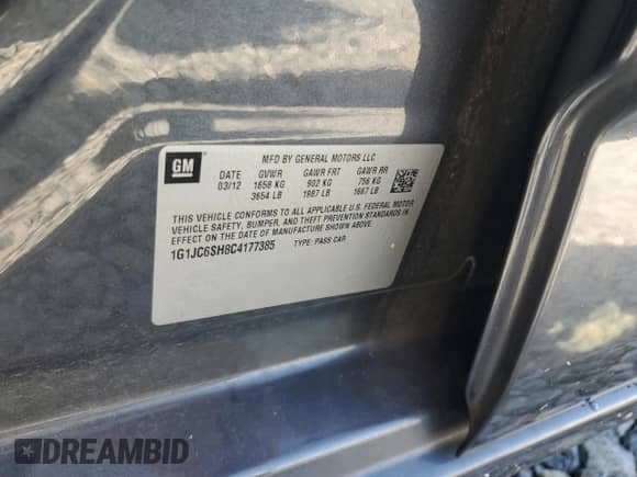 2012 Chevrolet Sonic LT с VIN 1G1JC6SH8C4177385, выставлен на аукционе Copart как лот 70322405 с пробегом Не указан миль и Списание • Salvage title. История ставок и продаж доступна на DreamBid. Изображение 12.