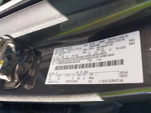 2019 Ford F-150 XL with VIN 1FTEW1CB3KKC43753, listed as a IAAI auction lot 41036512 with 108,257 mi miles and . Bid and sale history available at DreamBid. Image 9.