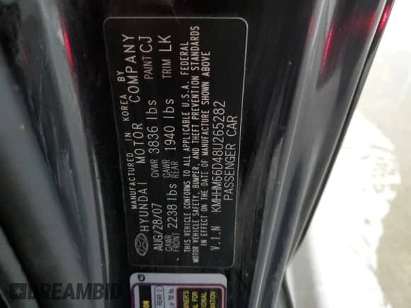 2008 Hyundai Tiburon GS with VIN KMHHM66D48U265282, listed as a Copart auction lot 77391204 with 77,088 mi miles and Salvage title. Bid and sale history available at DreamBid. Image 13.