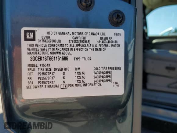 2006 Chevrolet Silverado 1500 LT3 z VIN 2GCEK13T661161686, wystawiony jako Copart lot #54021735 z przebiegiem 70 169 mil mil oraz Szkoda całkowita • Salvage title. Historia ofert i sprzedaży dostępna na DreamBid. Obrazek 12.