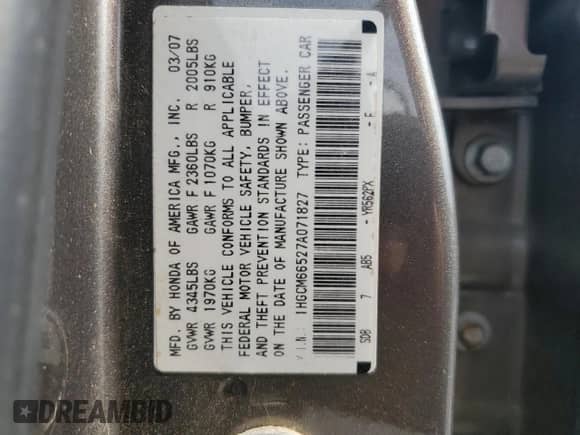 2007 Honda Accord EX-L with VIN 1HGCM66527A071827, listed as a Copart auction lot 81031565 with 228,758 mi miles and Salvage title. Bid and sale history available at DreamBid. Image 13.