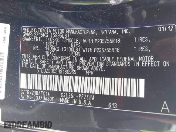 2017 Toyota Sienna LE with VIN 5TDJZ3DC5HS160965, listed as a IAAI auction lot 42310690 with 142,274 mi miles and . Bid and sale history available at DreamBid. Image 9.