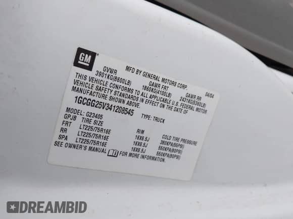 2004 Chevrolet Express Cargo with VIN 1GCGG25V341208545, listed as a IAAI auction lot 42290129 with 255,223 mi miles and . Bid and sale history available at DreamBid. Image 9.