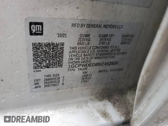 2021 Chevrolet Silverado 1500 RST с VIN 1GCPWDED8MZ452926, выставлен на аукционе Copart как лот 62285095 с пробегом 55 765 миль миль и На запчасти • Non repairable. История ставок и продаж доступна на DreamBid. Изображение 13.
