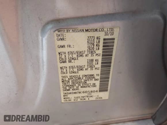 2011 Nissan Pathfinder LE z VIN 5N1AR1NB7BC605804, wystawiony jako IAAI lot #43544229 z przebiegiem 170 691 mil mil oraz . Historia ofert i sprzedaży dostępna na DreamBid. Obrazek 9.