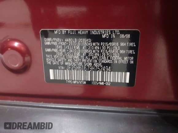 2009 Subaru Forester X with VIN JF2SH61679H752494, listed as a IAAI auction lot 43574878 with 212,241 mi miles and . Bid and sale history available at DreamBid. Image 9.