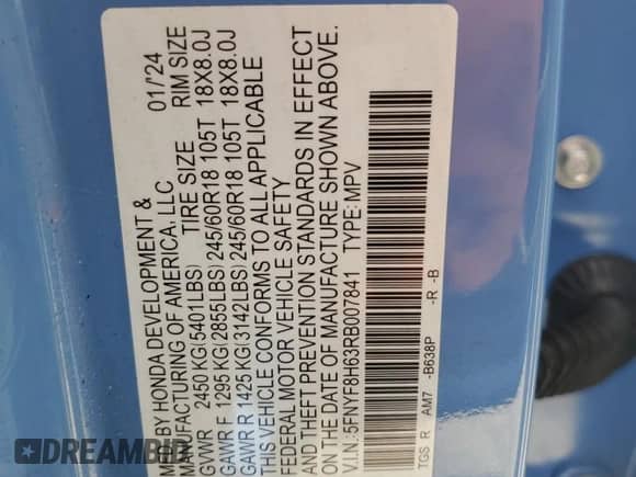 2024 Honda Passport TrailSport с VIN 5FNYF8H63RB007841, выставлен на аукционе Copart как лот 70478275 с пробегом 32 167 миль миль и Списание • Salvage title. История ставок и продаж доступна на DreamBid. Изображение 13.