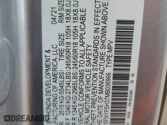 2021 Honda Pilot EX с VIN 5FNYF5H37MB036966, выставлен на аукционе Copart как лот 70962805 с пробегом Не указан миль и Списание • Salvage title. История ставок и продаж доступна на DreamBid. Изображение 14.