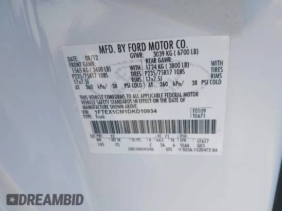 2013 Ford F-150 XL with VIN 1FTEX1CM1DKD10934, listed as a IAAI auction lot 41369554 with 172,284 mi miles and . Bid and sale history available at DreamBid. Image 9.