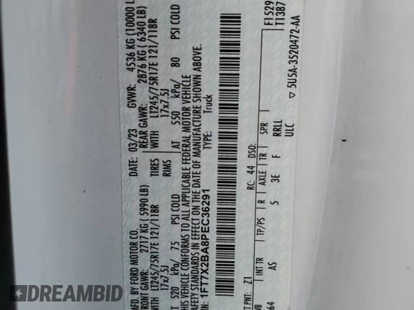 2023 Ford F-250 XL z VIN 1FT7X2BA8PEC36291, wystawiony jako Copart lot #88395145 z przebiegiem 77 985 mil mil oraz Nie do naprawy • Non repairable. Historia ofert i sprzedaży dostępna na DreamBid. Obrazek 13.
