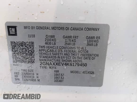 2019 Chevrolet Equinox Premier with VIN 2GNAXXEV4K6179450, listed as a IAAI auction lot 42759991 with 164,806 mi miles and . Bid and sale history available at DreamBid. Image 9.