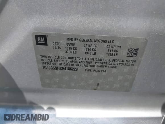 2014 Chevrolet Sonic LT with VIN 1G1JC5SHXE4186229, listed as a IAAI auction lot 43160341 with 111,303 mi miles and . Bid and sale history available at DreamBid. Image 9.