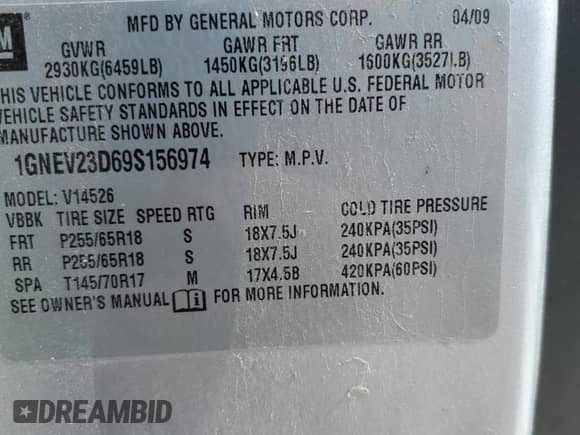 2009 Chevrolet Traverse 1LT with VIN 1GNEV23D69S156974, listed as a Copart auction lot 46912745 with 136,732 mi miles and Clean title. Bid and sale history available at DreamBid. Image 13.