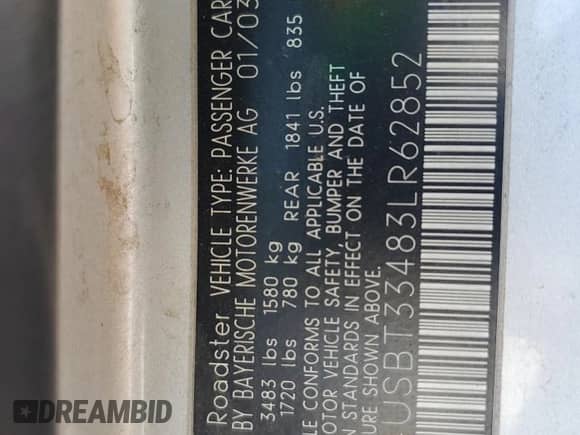 2003 BMW Z4 2.5i z VIN 4USBT33483LR62852, wystawiony jako Copart lot #68291755 z przebiegiem 101 924 mil mil oraz Szkoda całkowita • Salvage title. Historia ofert i sprzedaży dostępna na DreamBid. Obrazek 12.