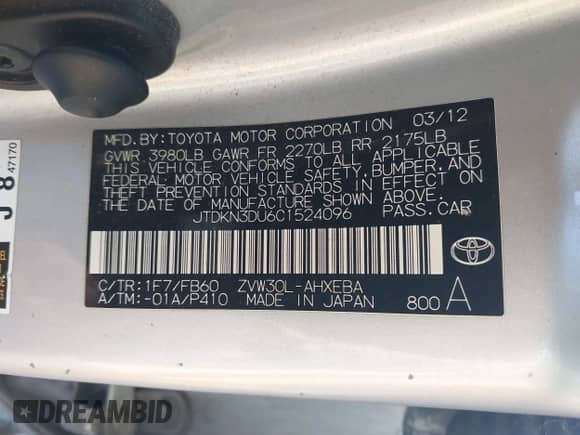 2012 Toyota Prius One с VIN JTDKN3DU6C1524096, выставлен на аукционе IAAI как лот 41938316 с пробегом 193 907 миль миль и . История ставок и продаж доступна на DreamBid. Изображение 9.