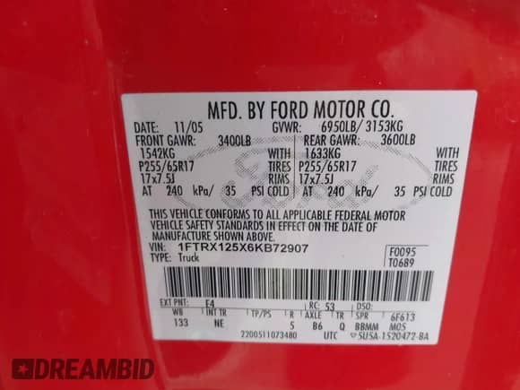 2006 Ford F-150 XLT with VIN 1FTRX125X6KB72907, listed as a IAAI auction lot 43390308 with 229,722 mi miles and . Bid and sale history available at DreamBid. Image 9.