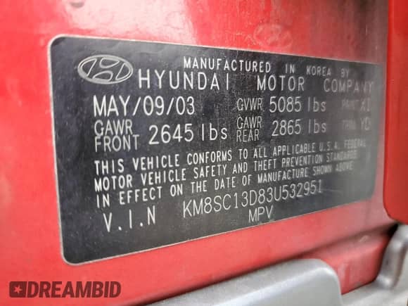 2003 Hyundai Santa Fe GLS with VIN KM8SC13D83U532951, listed as a Copart auction lot 60164895 with 244,487 mi miles and Salvage title. Bid and sale history available at DreamBid. Image 12.