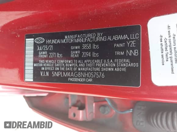 2022 Hyundai Elantra SEL with VIN 5NPLM4AG8NH057576, listed as a IAAI auction lot 43212145 with 51,707 mi miles and . Bid and sale history available at DreamBid. Image 9.