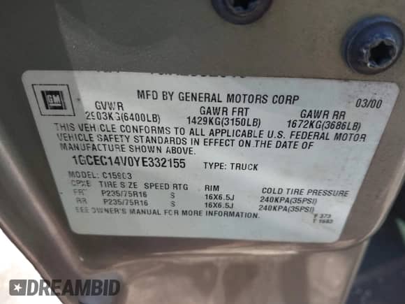 2000 Chevrolet Silverado 1500 с VIN 1GCEC14V0YE332155, выставлен на аукционе IAAI как лот 42537795 с пробегом 124 142 миль миль и . История ставок и продаж доступна на DreamBid. Изображение 9.