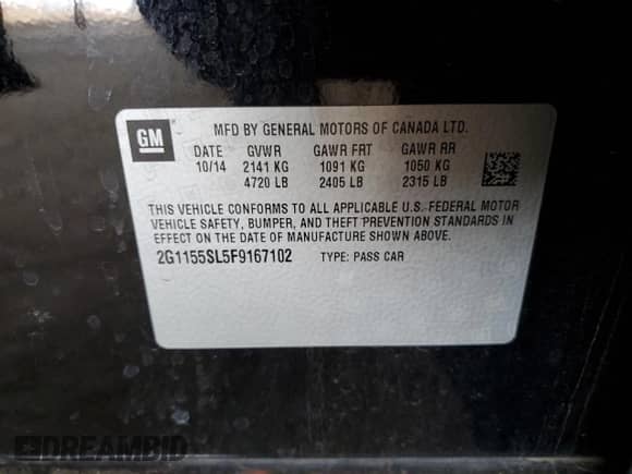2015 Chevrolet Impala LTZ with VIN 2G1155SL5F9167102, listed as a Copart auction lot 54682725 with 129,178 mi miles and Salvage title. Bid and sale history available at DreamBid. Image 12.