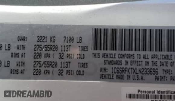 2020 Ram 1500 Longhorn with VIN 1C6SRFKTXLN233696, listed as a Copart auction lot 78054554 with 34,413 mi miles and Clean title. Bid and sale history available at DreamBid. Image 12.