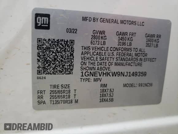 2022 Chevrolet Traverse LT с VIN 1GNEVHKW9NJ149359, выставлен на аукционе Copart как лот 60341445 с пробегом 75 712 миль миль и Списание • Salvage title. История ставок и продаж доступна на DreamBid. Изображение 13.