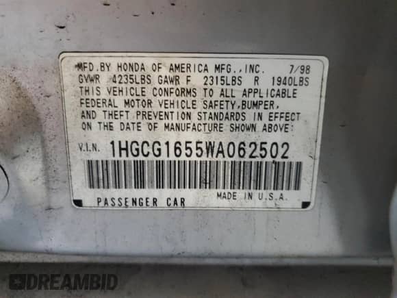 1998 Honda Accord EX with VIN 1HGCG1655WA062502, listed as a Copart auction lot 81647555 with 120,642 mi miles and Clean title. Bid and sale history available at DreamBid. Image 12.
