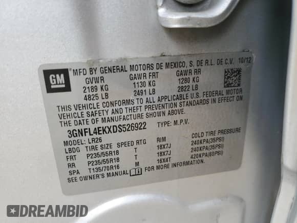 2013 Chevrolet Captiva Sport LTZ с VIN 3GNFL4EKXDS526922, выставлен на аукционе Copart как лот 77076654 с пробегом 158 870 миль миль и Чистый • Clean title. История ставок и продаж доступна на DreamBid. Изображение 15.