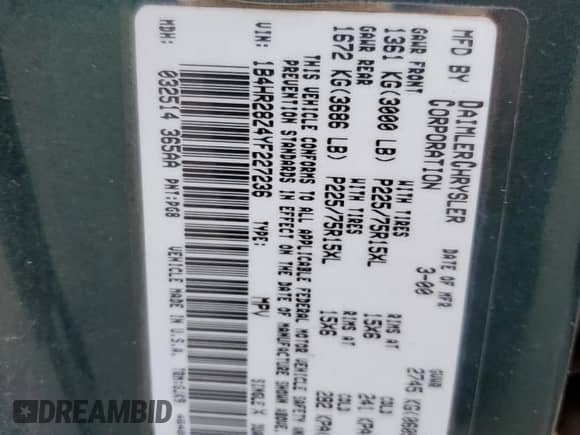 2000 Dodge Durango с VIN 1B4HR28Z4YF227236, выставлен на аукционе Copart как лот 85572274 с пробегом 241 601 миль миль и Списание • Salvage title. История ставок и продаж доступна на DreamBid. Изображение 12.