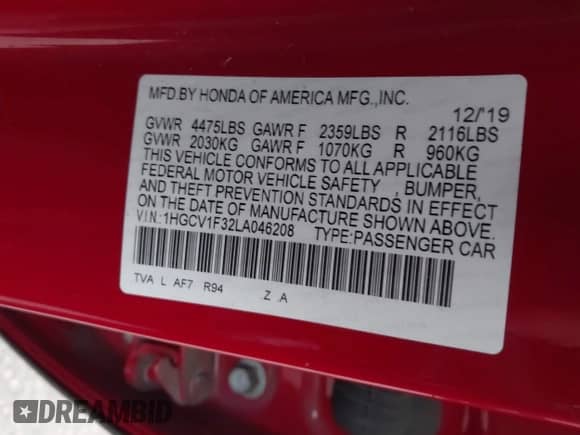 2020 Honda Accord Sport z VIN 1HGCV1F32LA046208, wystawiony jako IAAI lot #43564151 z przebiegiem 176 779 mil mil oraz . Historia ofert i sprzedaży dostępna na DreamBid. Obrazek 9.
