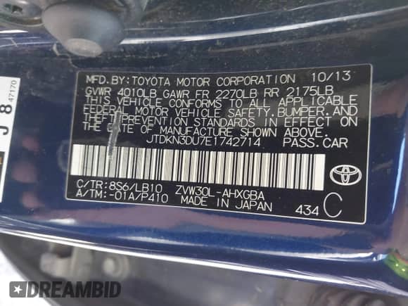 2014 Toyota Prius Four z VIN JTDKN3DU7E1742714, wystawiony jako IAAI lot #42637235 z przebiegiem 184 734 mil mil oraz . Historia ofert i sprzedaży dostępna na DreamBid. Obrazek 9.