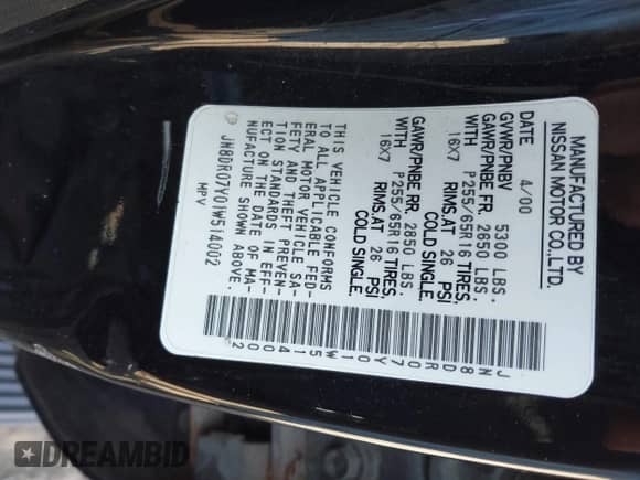 2001 Nissan Pathfinder SE с VIN JN8DR07Y01W514002, выставлен на аукционе IAAI как лот 42805228 с пробегом 215 004 миль миль и . История ставок и продаж доступна на DreamBid. Изображение 9.