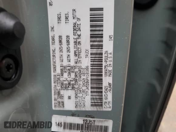 2023 Toyota Tundra Limited с VIN 5TFJA5DB6PX101006, выставлен на аукционе Copart как лот 90439305 с пробегом 10 342 миль миль и Списание • Salvage title. История ставок и продаж доступна на DreamBid. Изображение 13.