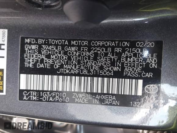 2020 Toyota Prius L Eco с VIN JTDKARFU8L3115064, выставлен на аукционе IAAI как лот 43071208 с пробегом 97 146 миль миль и . История ставок и продаж доступна на DreamBid. Изображение 9.