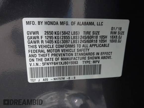 2018 Honda Pilot LX с VIN 5FNYF6H1XJB015593, выставлен на аукционе IAAI как лот 43266013 с пробегом 44 737 миль миль и . История ставок и продаж доступна на DreamBid. Изображение 9.