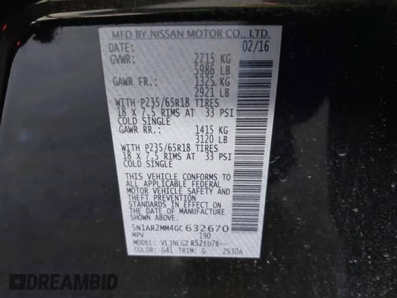 2016 Nissan Pathfinder Platinum with VIN 5N1AR2MM4GC632670, listed as a IAAI auction lot 42433320 with 92,686 mi miles and . Bid and sale history available at DreamBid. Image 9.